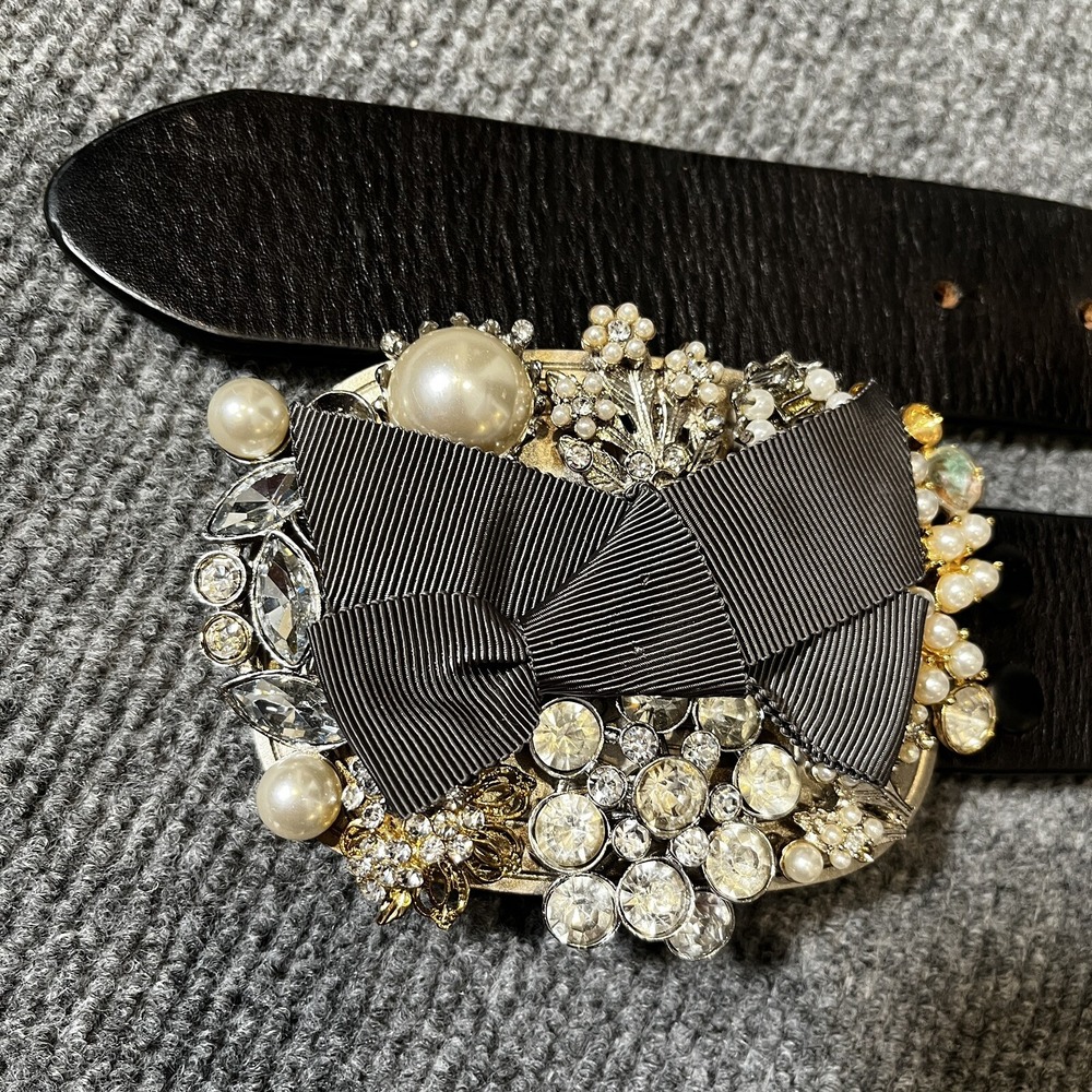 Cabi Black Leather Boss Belt With Large Bling Buckle Signed Size S READ